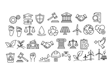 Silhouettes pack ofESG Environmental Social Governance  editable stroke outline icons with pure white background