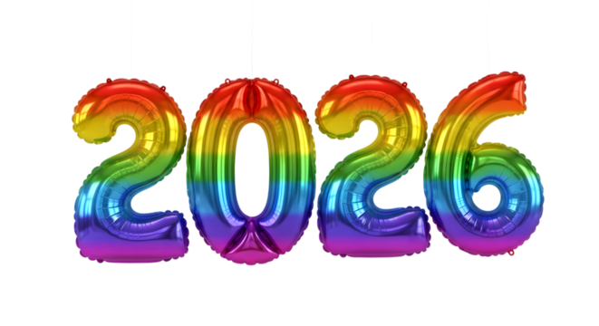 Rainbow colored inflatable balloons forming the year 2026 isolated on transparent background