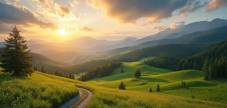 Serene mountain vista at sunset. Rich green meadows roll across valley under dramatic cloud formations. Winding path leads into distance, inviting exploration of tranquil European landscape. Golden