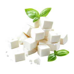 Fresh Feta Cheese Cubes isolated on transparent background