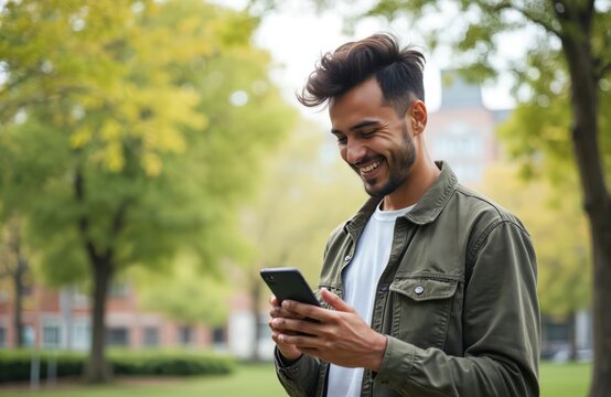 Young hispanic man smiling confidently using smartphone in park. Wears green jacket, enjoys outdoor lifestyle. Focus on connection, happiness, modern tech. Ideal for social media content digital