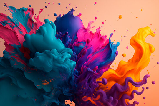 AI generated vibrant fluid art bursting with bold colors in dynamic motion blending turquoise magenta purple orange yellow with swirling textures and floating droplets creating an energetic surreal