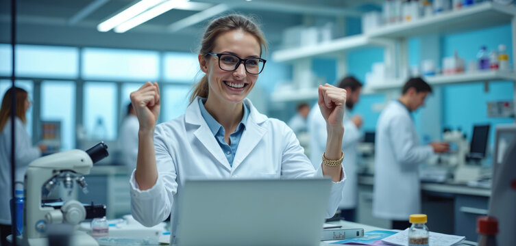 Scientist in lab coat pumps fist in triumph. Woman celebrates medical research success at laptop. Colleagues work in background, focused on science project. - Powered by Adobe