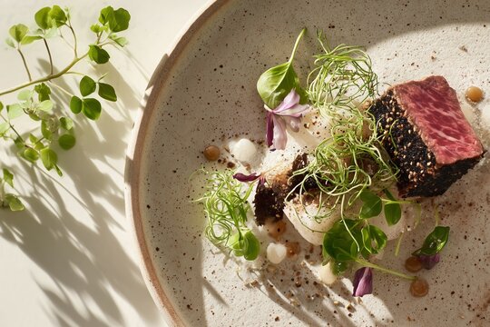 Fine dining wagyu beef plate with microgreens and artistic minimalist plating
