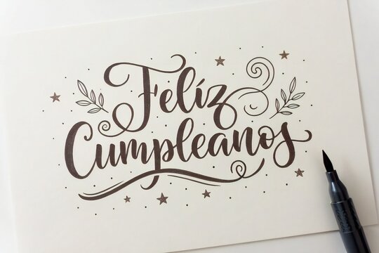 Hand-drawn 'Feliz Cumpleanos' lettering on card with decorative elements and pen