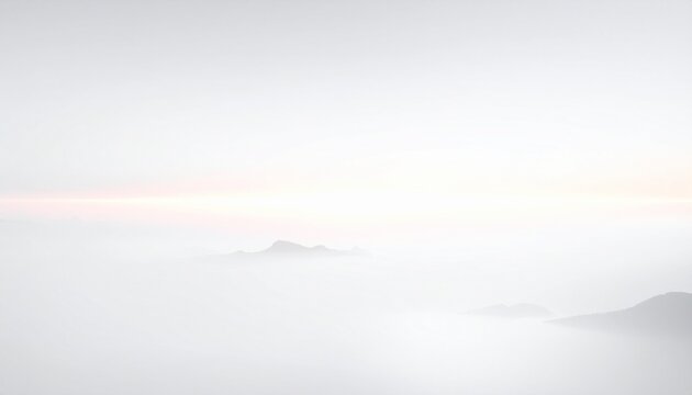 Minimalist misty mountain landscape at sunrise, serene fog over hills, ethereal light, nature background, tranquil scenery, soft colors, atmospheric view