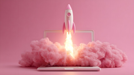 Pink Rocket Launching from Open Laptop with Bright Color Background and Dynamic Rays