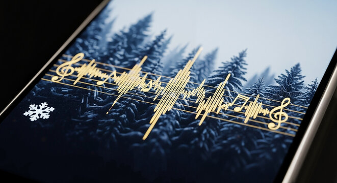 Smartphone with Christmas playlist and soundwave visualization  