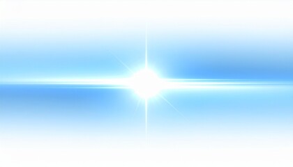 Bright light flare on blue and white gradient background, abstract lens flare effect, horizontal light beam, glowing spotlight, digital art illustration, futuristic design element