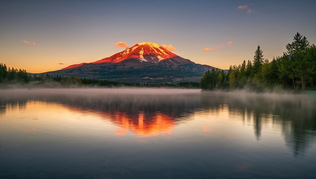 Twilight sunset illuminates a cloudy lake with mountains in the background, showcasing seasonal change