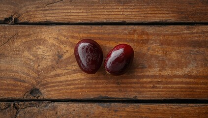 Obraz premium Two ripe garnet placed on a weathered wooden surface, a fiber-dense choice