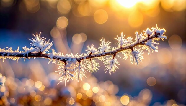 A detailed view of a tree branch covered in frost and ice crystals, illuminated by the soft glow of sunrise or sunset. - Powered by Adobe