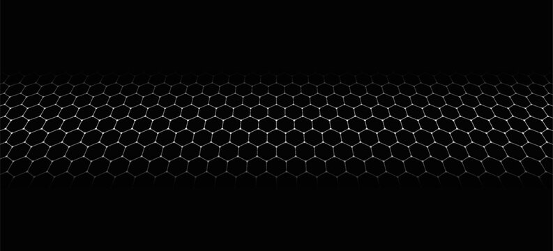 Black background. Dark hexagon carbon fiber texture. Navy blue honeycomb metal texture steel background. Web design template vector illustration EPS 10.