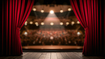 Red theater curtains open to reveal a stage and audience, ready for a performance