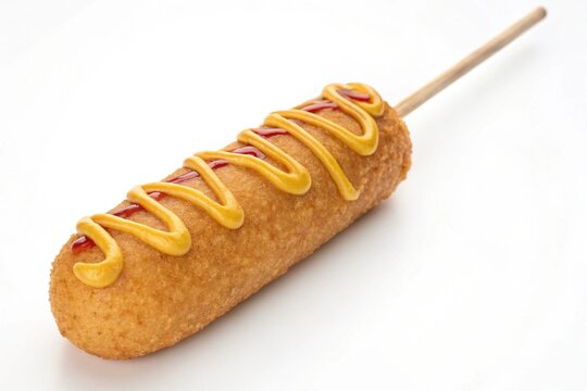 Delicious corn dog on stick with mustard and ketchup