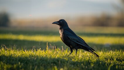 Obraz premium Sunlit rook perched on grass, observing its surroundings, seasonal change