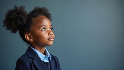 Young afro girl in school uniform looks up thoughtfully. Future, learning, and aspiration concept. Child contemplates ideas, dreams, and education possibilities.