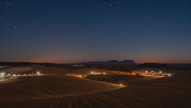 Stargazing in a desert landscape, showcasing the allure of Beduin camps under a clear night sky - Powered by Adobe