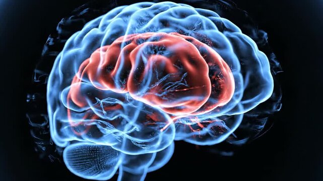 A glowing blue human brain with a highlighted red central area, depicted as a translucent 3D rendering on a dark background.