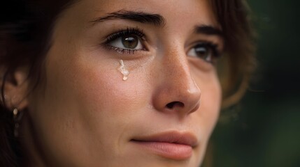 Fototapeta premium A woman s face in close up as a single tear rolls down her cheek conveying deep sadness and emotion