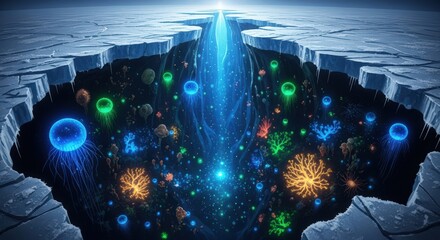 A breathtaking view into a deep icy chasm revealing a vibrant, bioluminescent alien ecosystem with glowing flora and fauna.