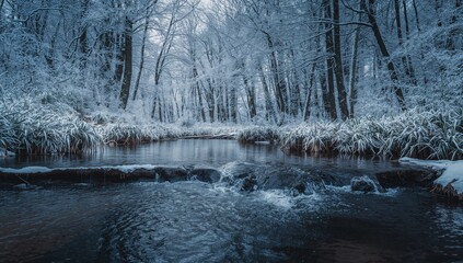 Snowy water stream flowing through a winter landscape, seasonal change