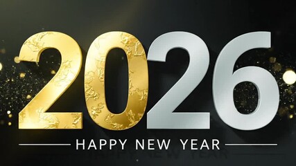 A new year greeting featuring the year 2026 in gold and silver against a dark background with bokeh - Powered by Adobe