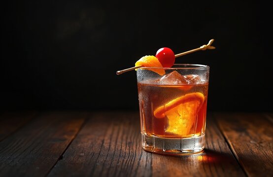Old fashioned cocktail with bourbon whiskey bitters orange peel and cherry garnish. Drink is served on ice in rocks glass with dark wood background, perfect for bar menu.