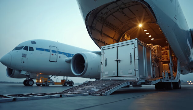 Cargo container loaded onto large airplane on tarmac. Air freight logistics for valuable goods and global transport. Secure delivery of shipments.
