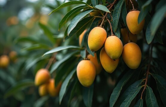 Photo of mango tree with ripe fruits. Close up shot shows vibrant yellow mangoes and green leaves. Tropical fruit farm shows the harvest. This photo is great for advertising.