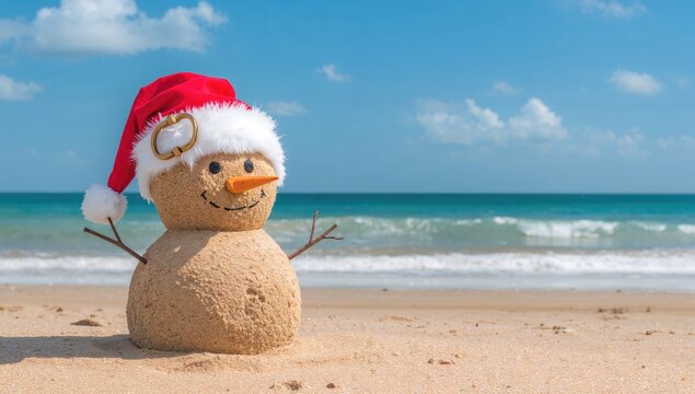 Smiling snowman with a red Santa hat on a sandy beach, festive theme for holiday greetings