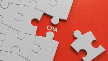 Fototapeta premium Certified Public Accountant. CPA the word on puzzle pieces with missing pieces, puzzle pieces with missing pieces stand on a reflective surface, in the background is a business diagram.3D rendering.