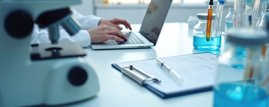 Scientist works on laptop in bright modern lab. Microscope, test tubes, beakers with blue liquid solutions on white desk. Lab tech analyzes research data, performing medical science experiment. New