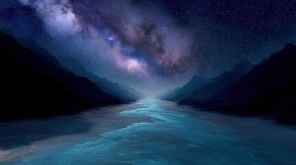 Fototapeta premium Tranquil Night Sky Over Serene River with Starry Universe Reflection