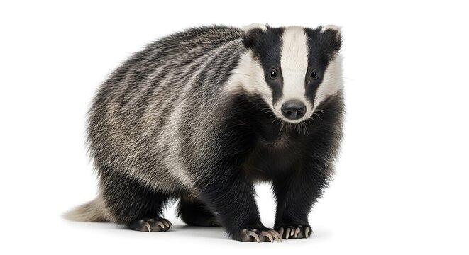 European badger standing this mammal showcases its distinctive black and white markings, embodying the charm of woodland wildlife