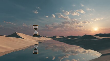 Serene Hourglass Reflecting in Desert Landscape at Sunset
