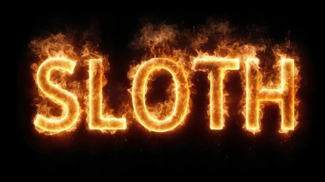 The word "SLOTH" in glowing, fiery letters against a stark black background