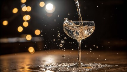 Pouring champagne into glass with bubbles and bokeh background stock photo |Editable Svg