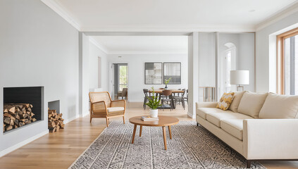 Modern living room interior with fireplace, sofa, and dining area