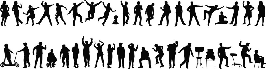 Silhouettes of diverse people in dynamic standing sitting walking dancing jumping posing everyday human action isolated collection