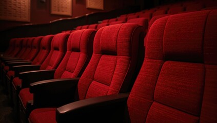 Cinema movie theater interior, red plush seating in an unoccupied space, designed for viewer comfort