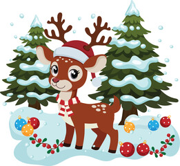deer christmas with pine tree snow and baubles flat style