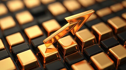 Gold price breakout concept with 3D arrow emerging from gold bars and world map backdrop.