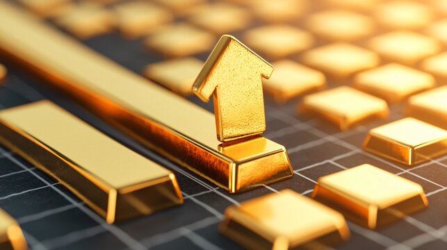 Gold price breakout concept with 3D arrow emerging from gold bars and world map backdrop. - Powered by Adobe