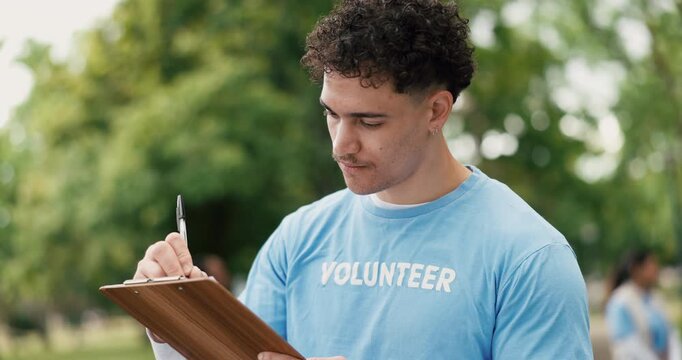 Outdoor, volunteer or man with clipboard, checklist or community service with registration. NGO project, documents or person with planning, nonprofit sign up or inventory for donations or earth day