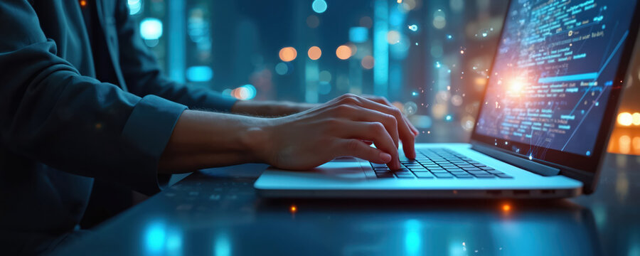 Programmer typing on laptop keyboard, developing software at night. Man codes application using AI. Concept of data science, cloud computing, big data processing, modern tech innovation. Specialist