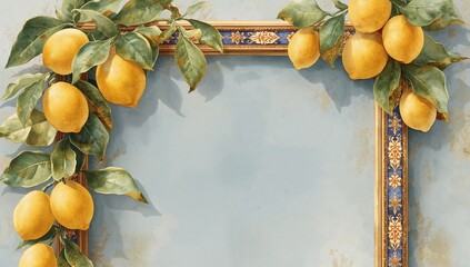 Watercolor frame featuring lemons and classic tiles, ideal for editorial backgrounds