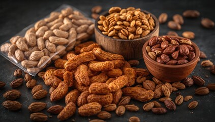 Raw, fresh, and fried peanuts displayed in a bowl and package, emphasizing snack choice and dietary options
