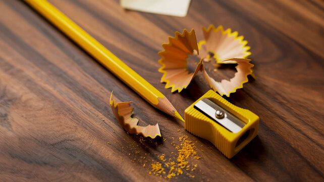 Yellow pencil with shavings and a sharpener on a dark wooden surface