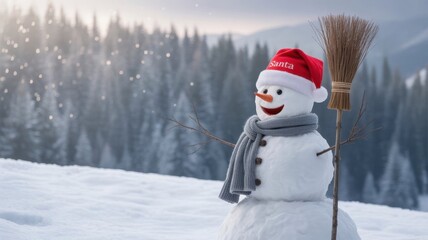 Obraz premium Snowman in Winter Wonderland: A cheerful snowman, adorned with a hat and scarf, stands proudly in a snowy landscape, a broom at his side, the mountains and the falling snow adding a touch of magic.